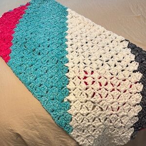 Hand Crocheted Throw Striped Gray White Pink Teal Blanket
